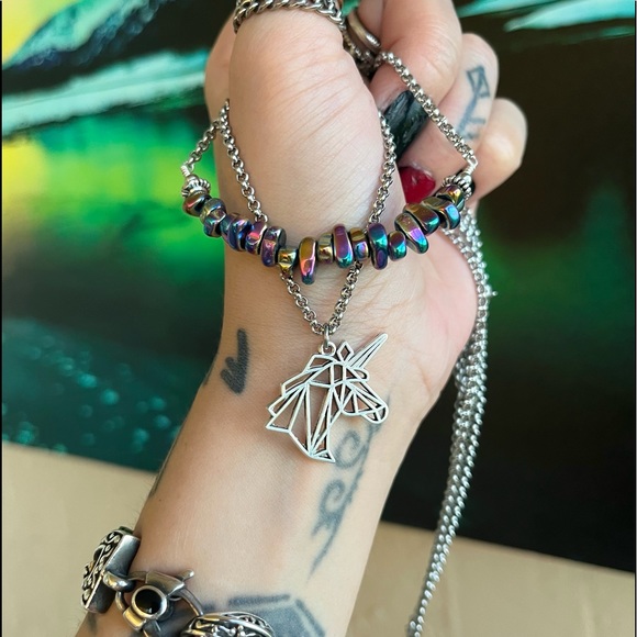 Double layer unicorn rainbow stones stainless steel adjustable choker necklace - Picture 11 of 12